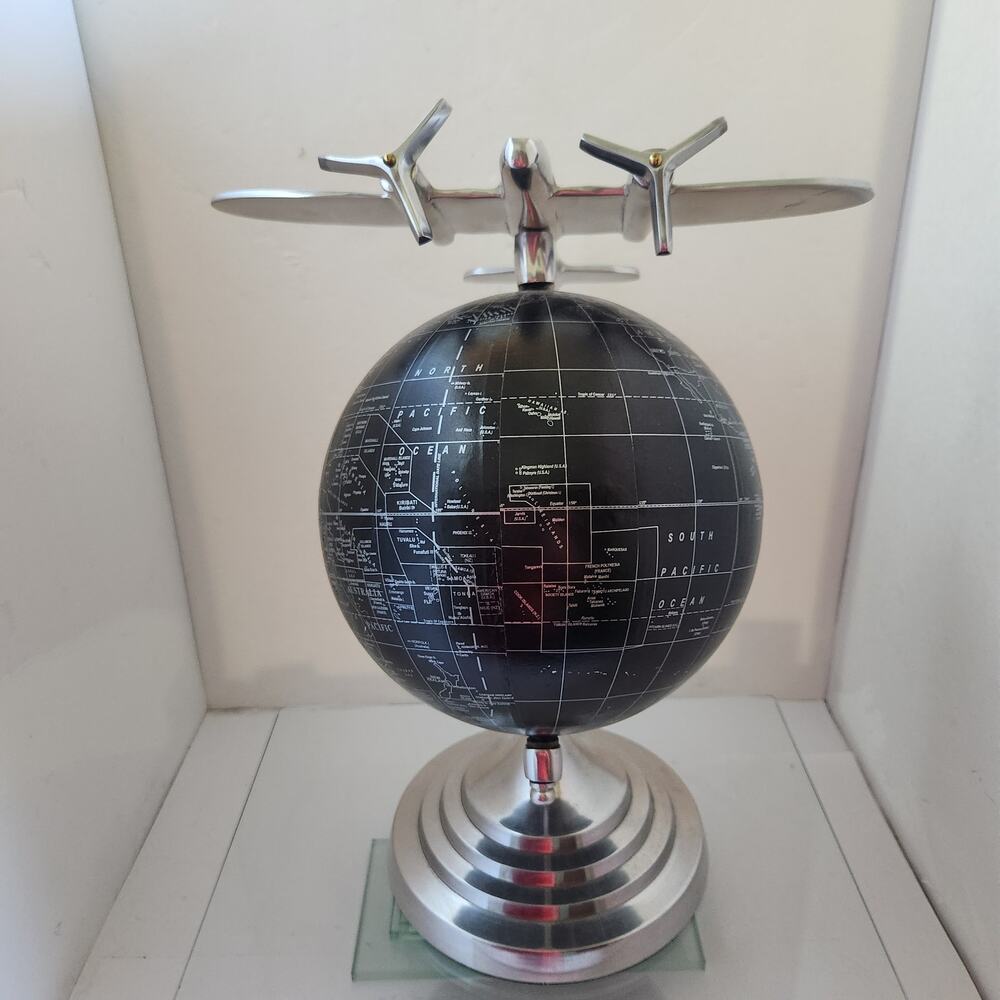 Art Deco Style Aluminum Black & Silver Globe Airplane Aviation 14x11